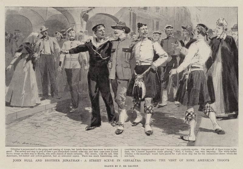 John Bull e fratello Jonathan, una scena di strada a Gibilterra durante la visita di alcune truppe americane da Frederic de Haenen
