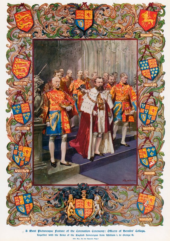 Ufficiali del College degli Araldi, insieme agli stemmi dei sovrani inglesi da Re Guglielmo I a Re Giorgio V da Frederic de Haenen