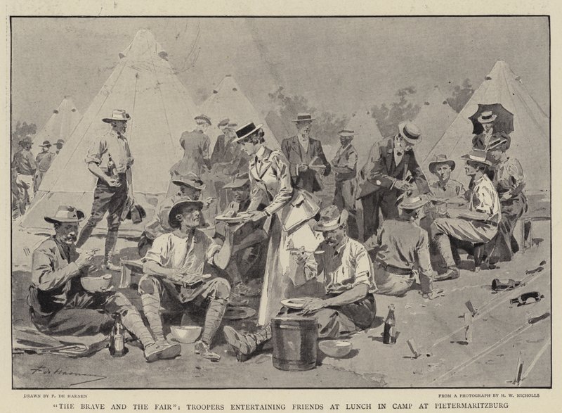 Il coraggioso e il bello, soldati che intrattengono amici a pranzo nel campo a Pietermaritzburg da Frederic de Haenen
