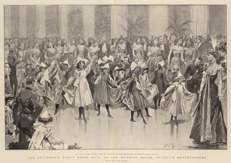 Il ballo in maschera dei bambini alla Mansion House, intrattenitori giovanili da Frederic de Haenen
