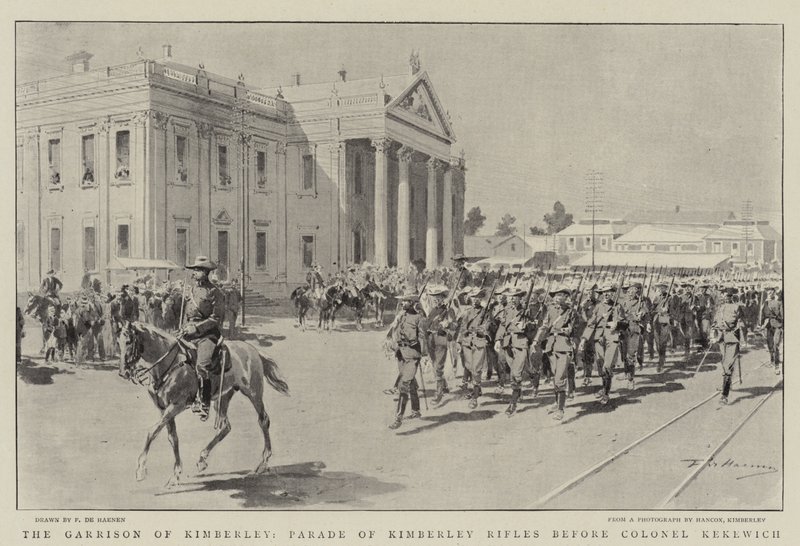 La guarnigione di Kimberley, parata dei Kimberley Rifles davanti al colonnello Kekewich da Frederic de Haenen