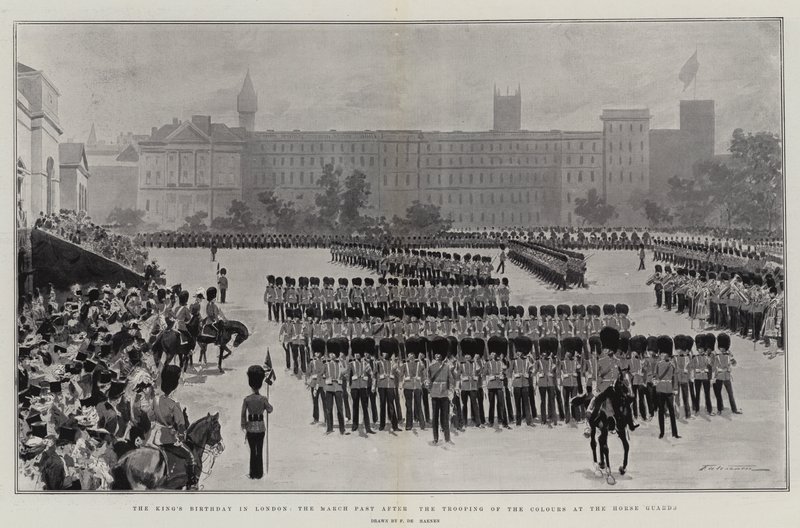 Il compleanno del re a Londra, la sfilata dopo la cerimonia del Trooping the Colour alla Horse Guards da Frederic de Haenen