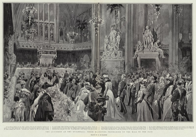 Il pranzo alla Guildhall, le loro Maestà procedono lungo la sala verso il Dais da Frederic de Haenen