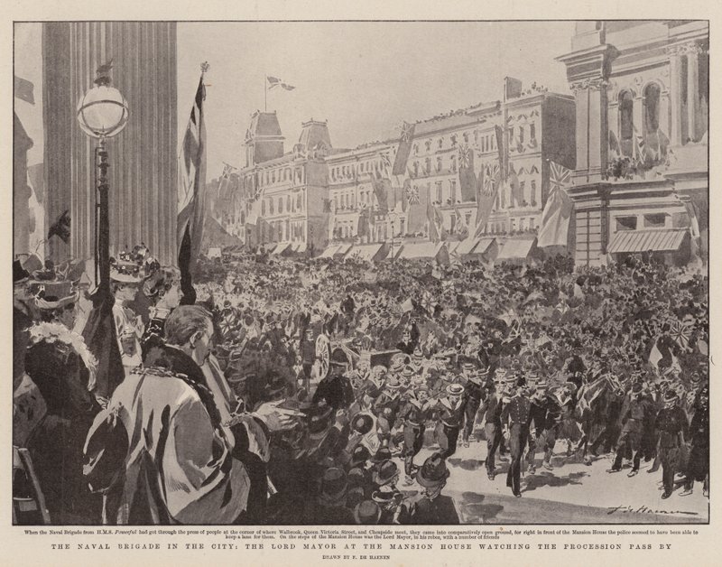 La Brigata Navale in Città, il Sindaco alla Mansion House che osserva la Processione passare da Frederic de Haenen