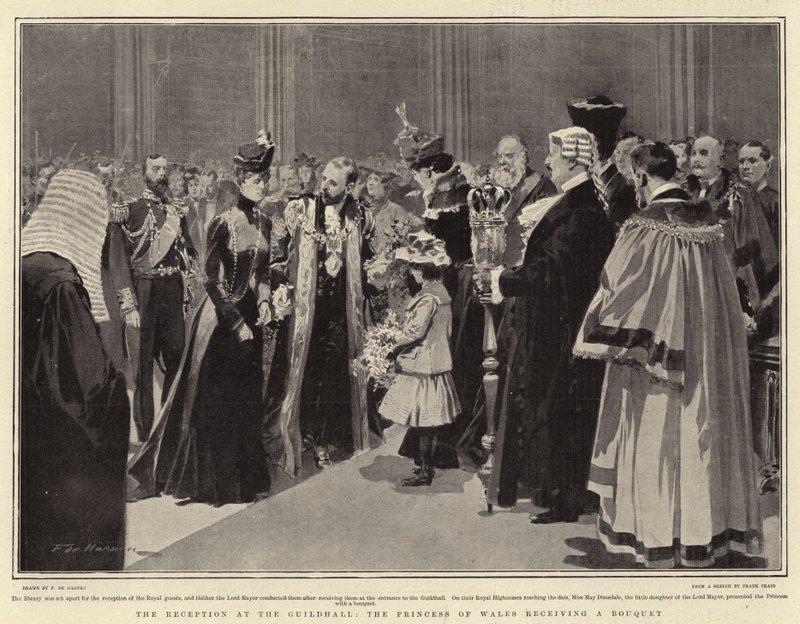 La ricezione alla Guildhall, la principessa del Galles riceve un bouquet da Frederic de Haenen