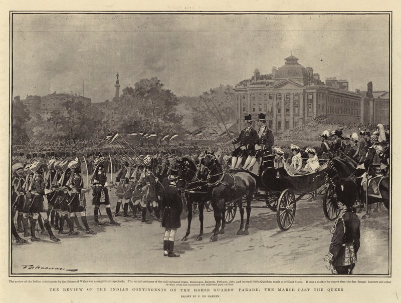 La rassegna dei contingenti indiani alla parata delle Horse Guards, il passaggio davanti alla regina da Frederic de Haenen