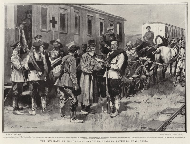 I russi in Manciuria, rimozione dei pazienti colerici a Kharbia da Frederic de Haenen