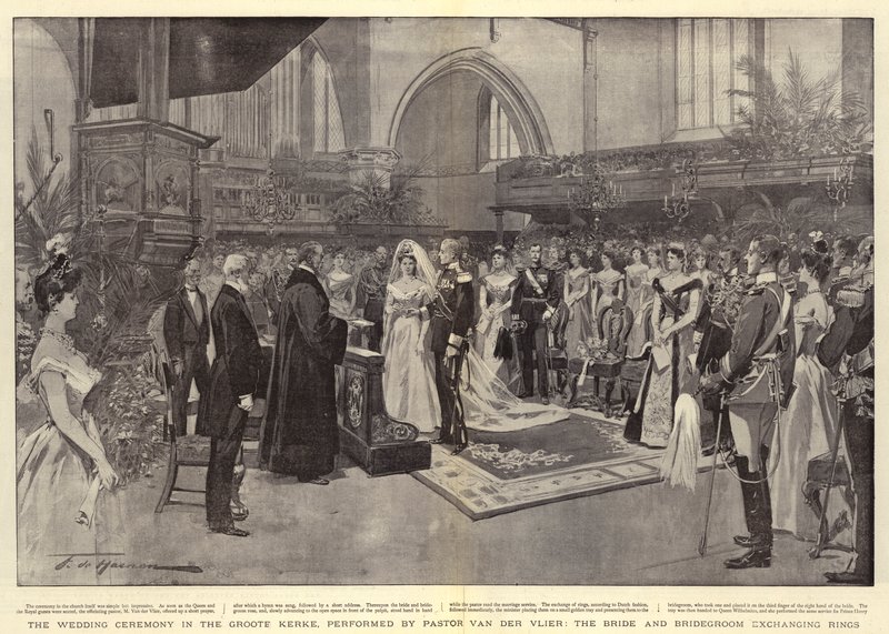 La cerimonia del matrimonio nella Groote Kerke, celebrata dal pastore Van der Vlier, gli sposi che si scambiano gli anelli da Frederic de Haenen