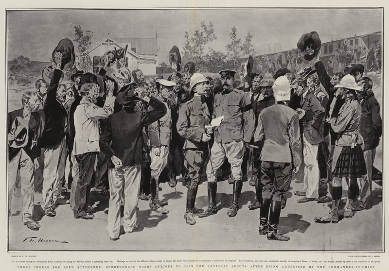Tre evviva per Lord Kitchener, Boeri arresi ansiosi di unirsi agli Scouts Nazionali dopo essere stati indirizzati dal Comandante in Capo da Frederic de Haenen