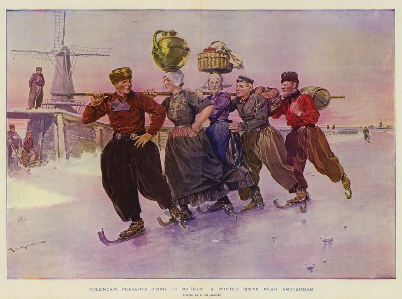 Contadini di Volendam che vanno al mercato, scena invernale vicino ad Amsterdam da Frederic de Haenen
