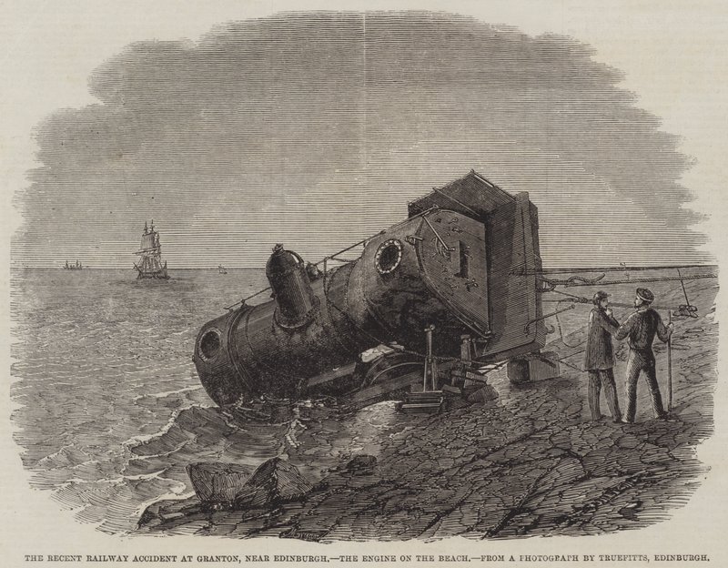 Il recente incidente ferroviario a Granton, vicino a Edimburgo, la locomotiva sulla spiaggia da Frederick Morgan