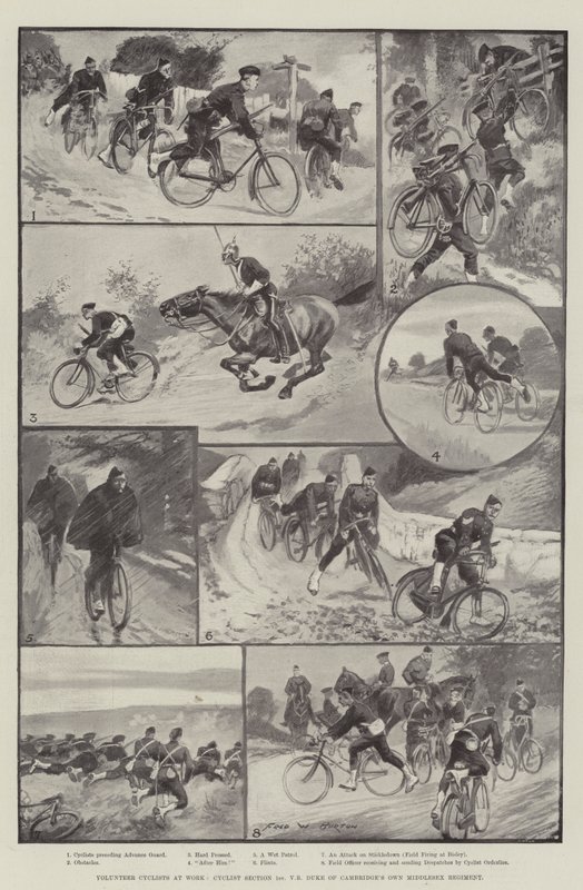 Ciclisti volontari al lavoro, sezione ciclistica 1° battaglione volontari del reggimento Middlesex del Duca di Cambridge da Frederick William Burton