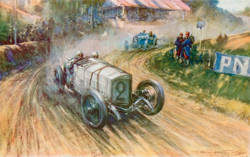 Lautenschlager con la Mercedes tedesca e Boillot con la Peugeot francese nella loro grande lotta durante il Gran Premio del 1914 da Frederick Gordon (after) Crosby