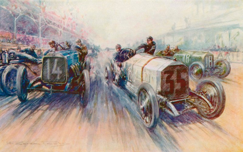 La Mercedes bianca di Lautenschlager nel Gran Premio del 1908, una gara in cui le gomme furono consumate in grandi quantità da Frederick Gordon (after) Crosby