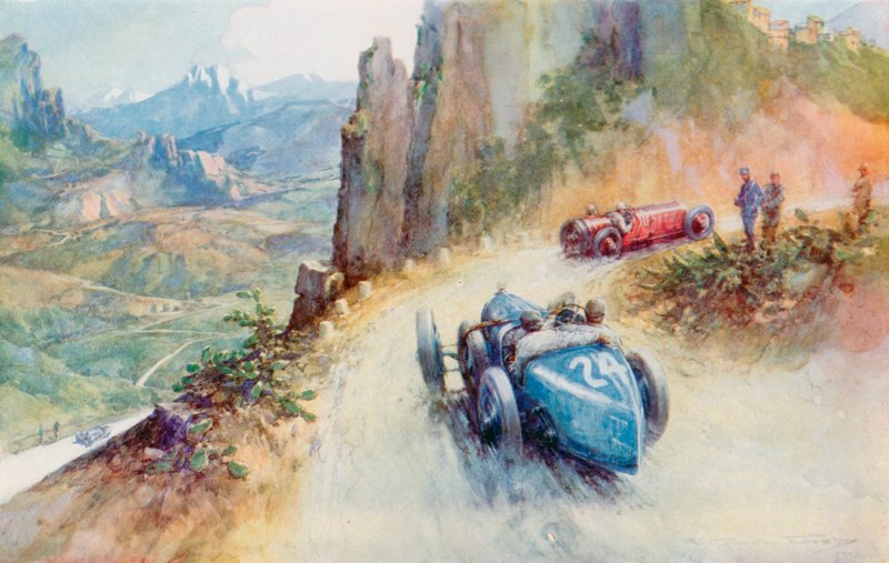 La Bugatti sovralimentata da 2 litri di Materassi supera una Maserati sul percorso tortuoso della Targa Florio del 1927 (litografia a colori) da Frederick Gordon (after) Crosby