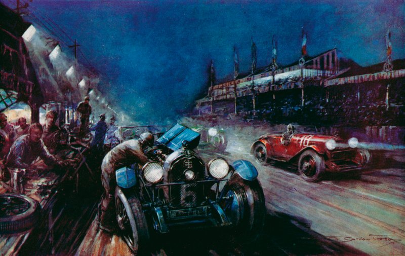 Una delle auto Lorraine-Dietrich di successo che si rifornisce al pit durante la corsa notturna nella gara di 24 ore di Le Mans da Frederick Gordon (after) Crosby