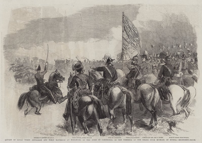 Revisione della Royal Horse Artillery e delle Field Batteries a Woolwich, dal Duca di Cambridge, alla presenza del Granduca Michele di Russia da Frederick John Skill