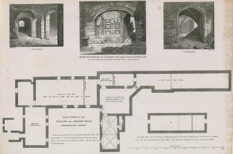 Piano del terreno e viste delle volte di Crosby Hall, Bishopsgate Street da Frederick Nash