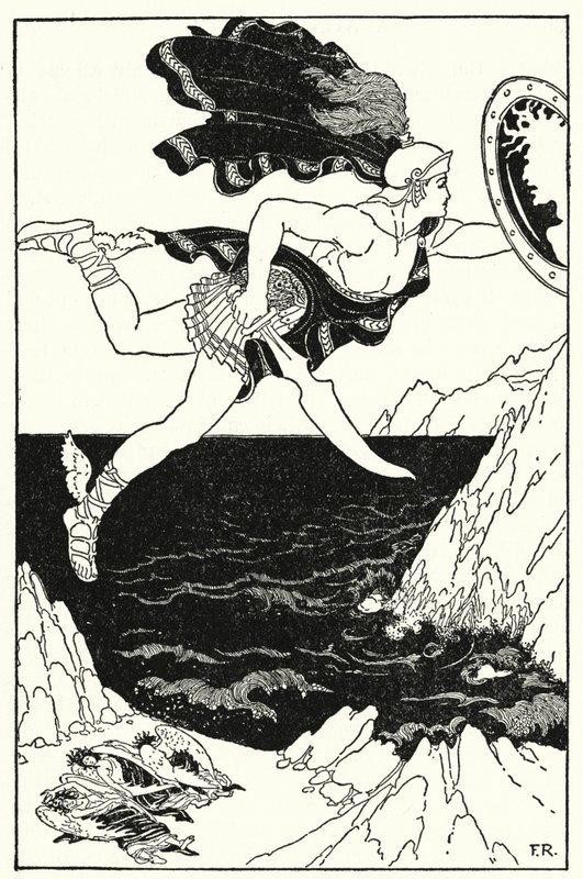 Perseo volava cautamente verso il basso, tenendo sempre gli occhi sul volto di Medusa, riflesso nel suo scudo (litografia) da Frederick Richardson