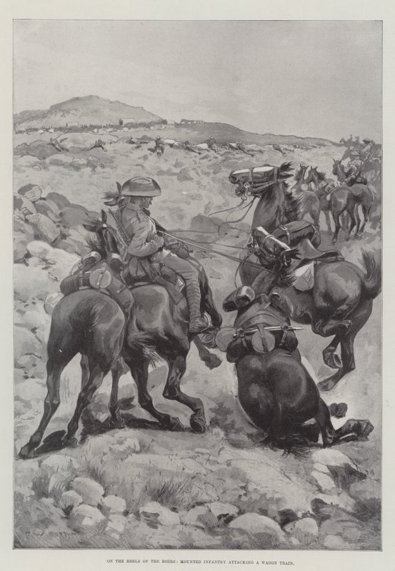 Sulle tracce dei Boeri, fanteria montata che attacca un treno di carri da Frederick William Burton
