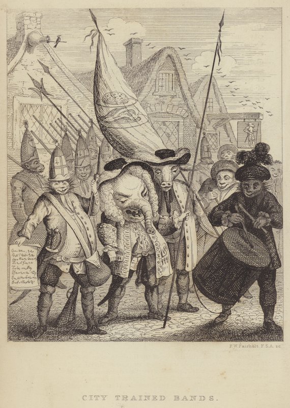City Trained Bands: satira sulle milizie associate alla Città di Londra e il panico generato dalla Ribellione Giacobita del 1745 (incisione) da Frederick William Fairholt