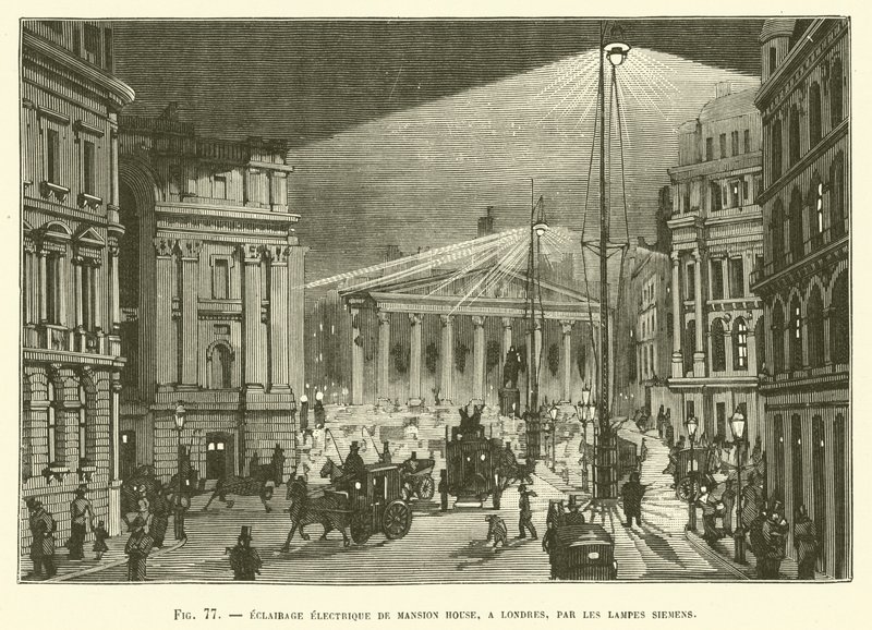 Illuminazione elettrica di Mansion House, a Londra, con le lampade Siemens da French School