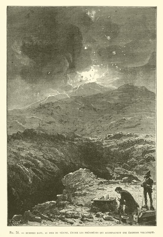 Humphry Davy, ai piedi del Vesuvio, studia i fenomeni che accompagnano un