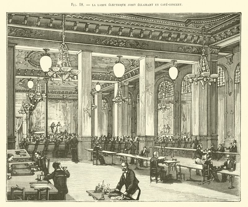 La lampada elettrica Jamin che illumina un caffè-concerto da French School