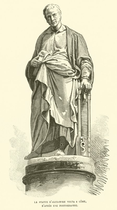 La statua di Alessandro Volta a Como, da una fotografia da French School