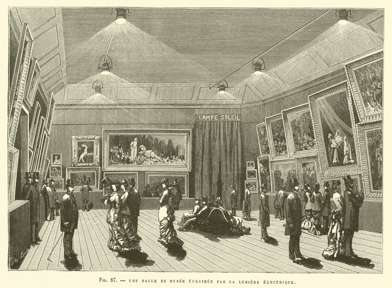 Una sala di museo illuminata dalla luce elettrica da French School