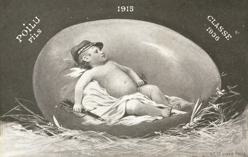 1915, Cartolina di Pasqua che mostra un bambino soldato già armato in un uovo da French Photographer