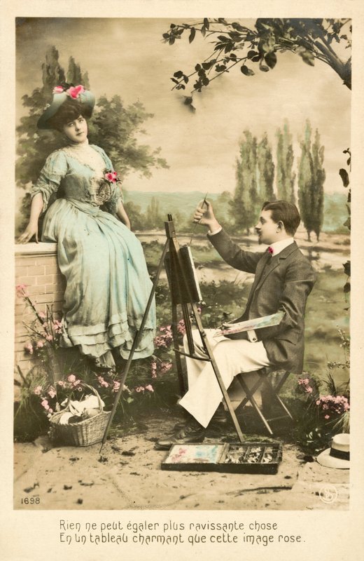 Artista che dipinge una bella ragazza con rose da French Photographer