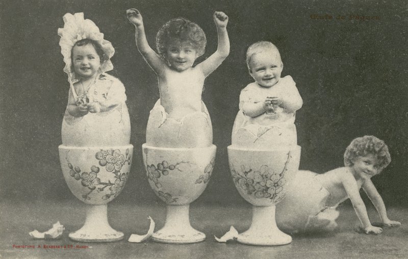Bambini che nascono da uova in portauova da French Photographer