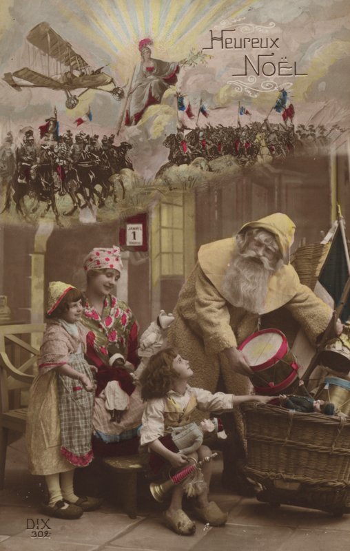 Babbo Natale che dà regali ai bambini, con battaglia della Prima Guerra Mondiale sullo sfondo da French Photographer