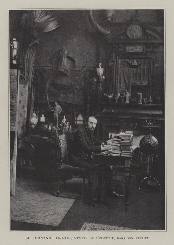Pittore francese Fernand Cormon nel suo studio (litografia a colori) da French Photographer