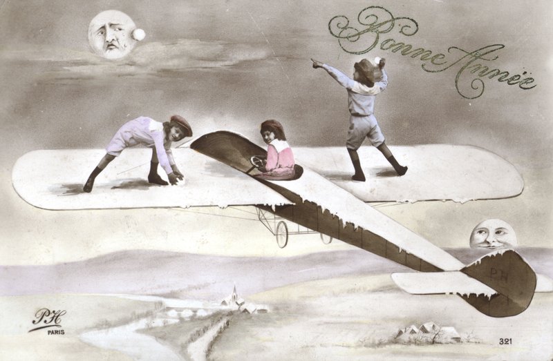 Cartolina di Capodanno con bambini su un aereo (foto a colori) da French Photographer
