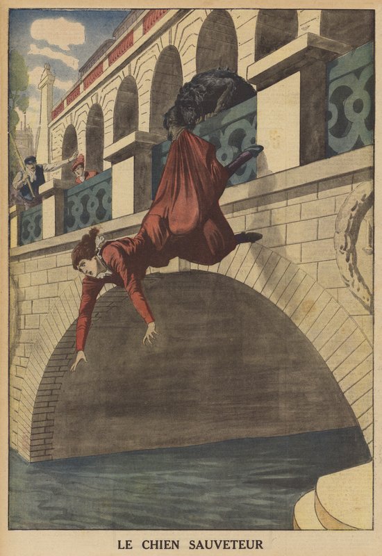 Un cane salva una donna che sta cadendo da un ponte (litografia a colori) da French School