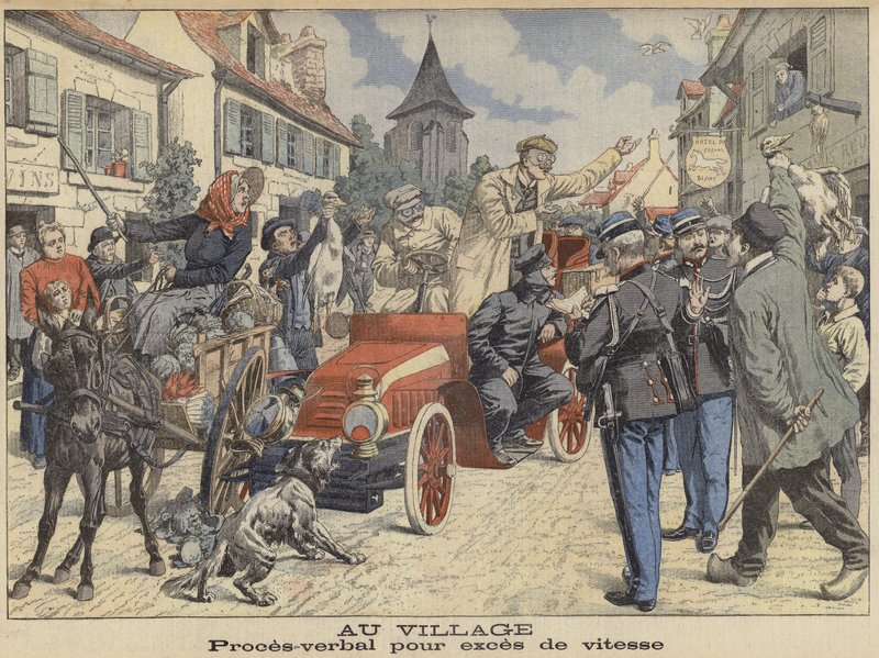 Un automobilista fermato dalla polizia per eccesso di velocità mentre attraversa un villaggio (incisione a colori) da French School