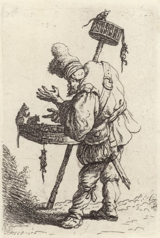 Un cacciatore di ratti in viaggio con gli strumenti del suo mestiere da French School