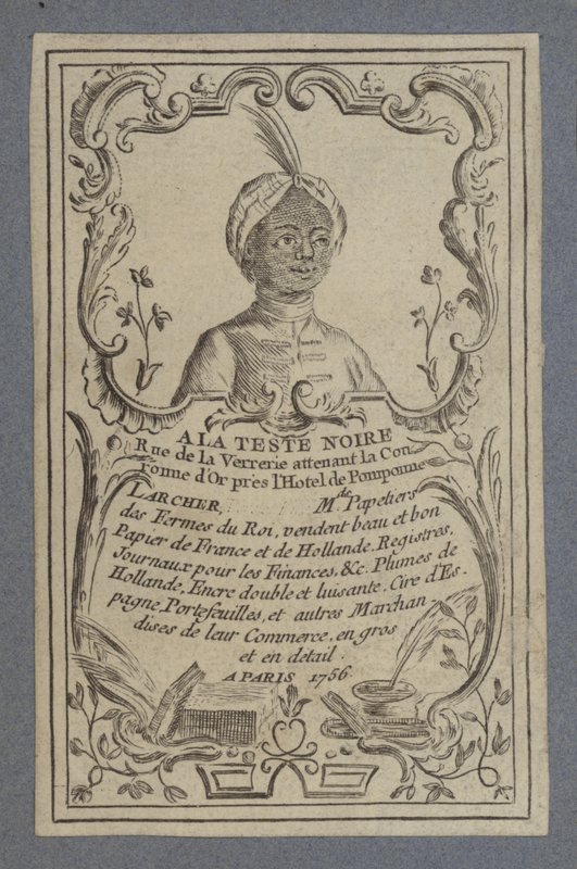 Pubblicità per A la Teste Noire cartoleria, Parigi, 1756 da French School
