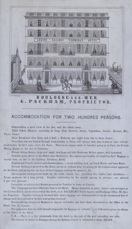 Pubblicità per il Louvre Railway Terminus Hotel, Boulogne-sur-Mer, Francia da French School