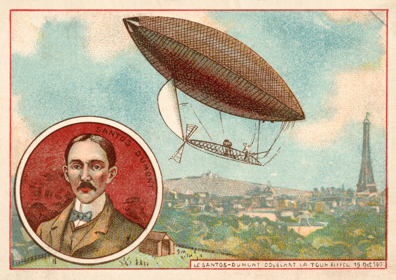 Il dirigibile di Alberto Santos-Dumont vola intorno alla Torre Eiffel, Parigi da French School