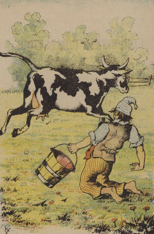 Un tentativo fallito di mungere una mucca (litografia a colori) da French School