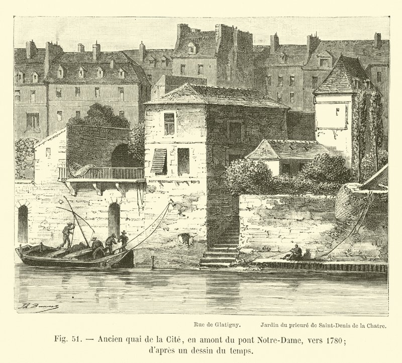 Antico quai de la Cité, a monte del ponte Notre-Dame, verso il 1780; da un disegno dell