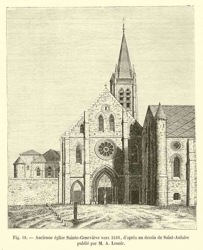 Antica chiesa di Sainte-Geneviève verso il 1516, da un disegno di Saint-Aulaire pubblicato da Lenoir da French School