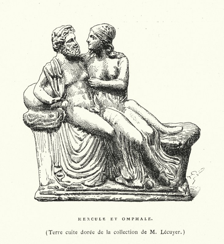 Scultura in terracotta greca antica di Ercole e Onfale (incisione) da French School