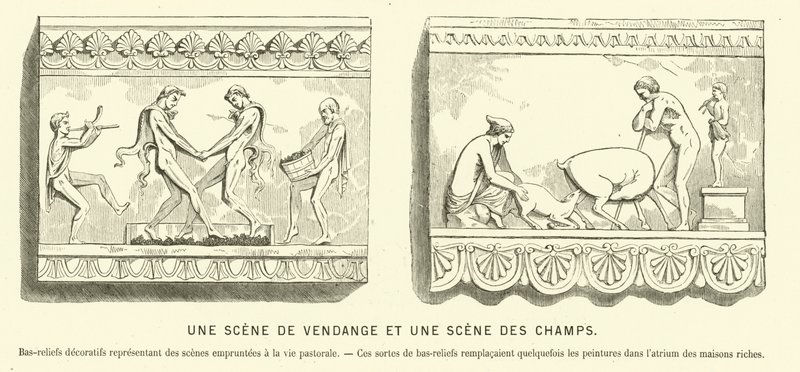 Bassorilievi romani antichi che raffigurano una vendemmia e una scena nei campi (incisione) da French School
