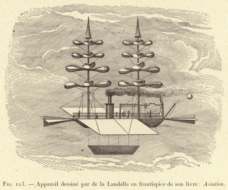 Apparecchio disegnato da de la Landelle nel frontespizio del suo libro: Aviazione da French School