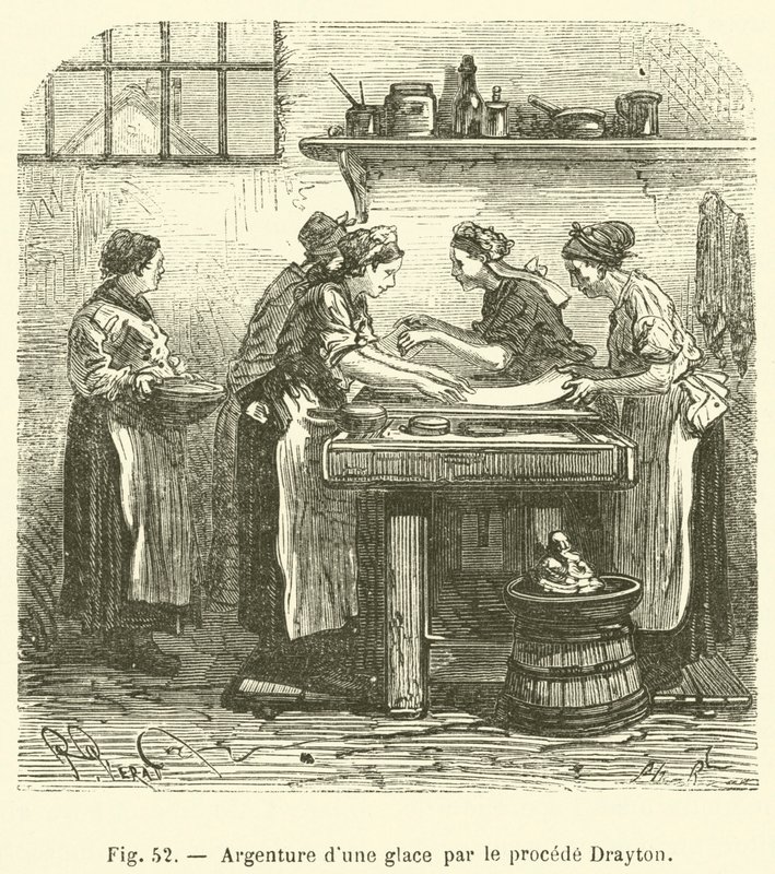 Argenture di uno specchio con il procedimento Drayton (incisione) da French School