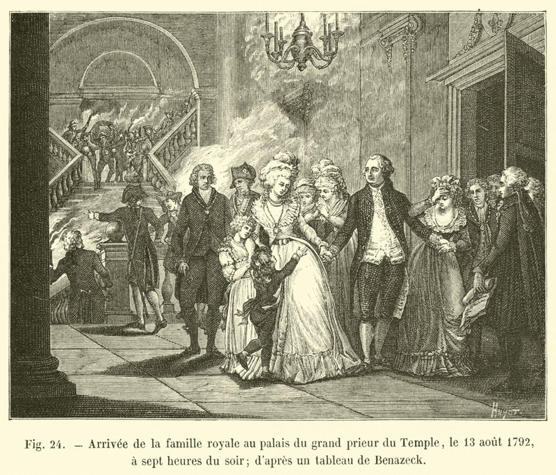 Arrivo della famiglia reale al palazzo del gran priore del Tempio, il 13 agosto 1792, alle sette di sera; da un quadro di Benazeck da French School
